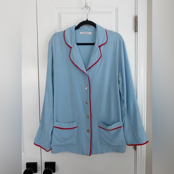 Sleeper Other - SLEEPER Women’s Long Sleeve Button Down Pajama Top Blue Red Trim Size Large